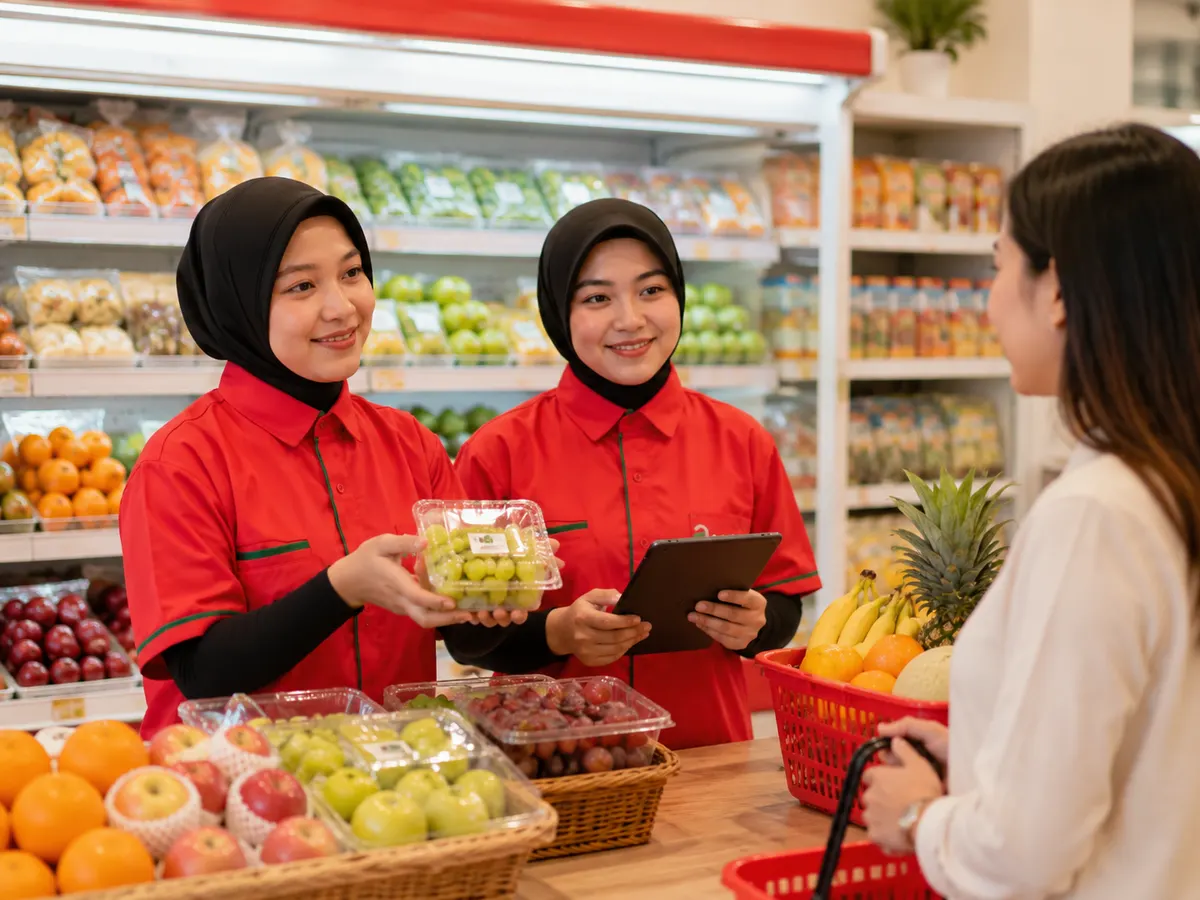 Tim Aroma Freshmart melayani pelanggan